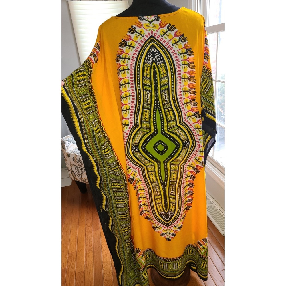 African‎ Dashiki Kaftan Dress OSFM Yellow Tribal Print Boho Ethnic Unisex Rayon
